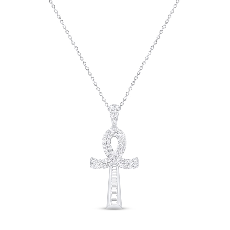Main Image 1 of Diamond Ankh Necklace 1/3 ct tw Round & Baguette-cut 10K White Gold 18&quot;