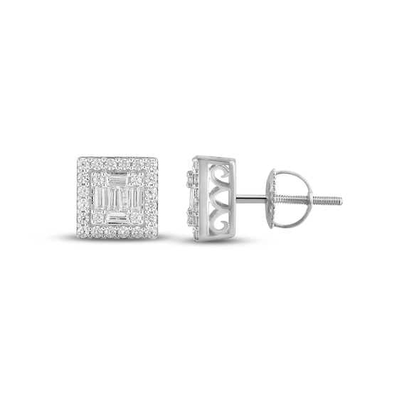 Men's Diamond Stud Earrings 1/2 ct tw Round & Baguette-cut 10K White Gold