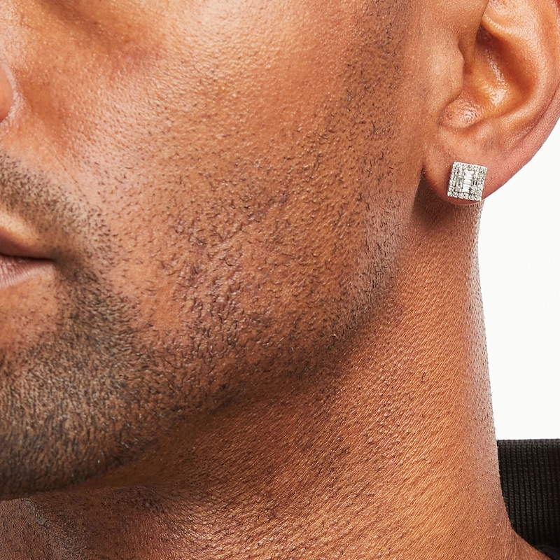 Main Image 2 of Men's Diamond Stud Earrings 1/2 ct tw Round & Baguette-cut 10K White Gold