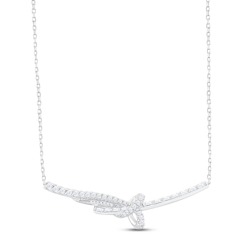 Diamond Bar Necklace 1 ct tw Round & Baguette-cut 10K White Gold 18" with 360