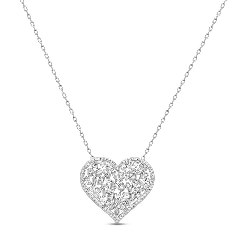 Main Image 1 of Diamond Cobblestone Heart Necklace 1/2 ct tw Baguette & Round-cut 10K White Gold 18&quot;
