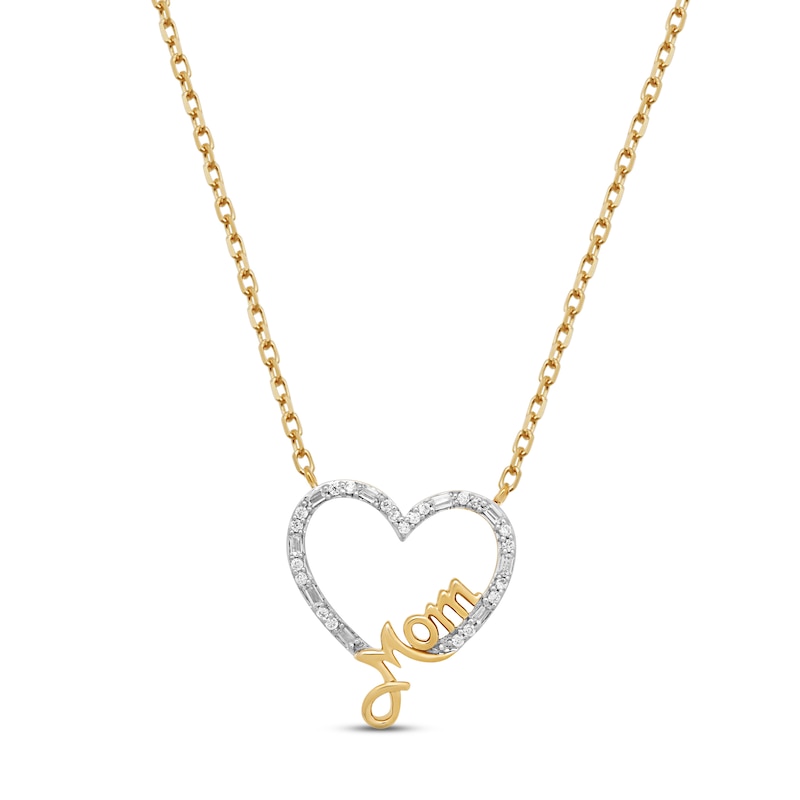 Diamond "Mom" Heart Necklace 1/10 ct tw Round & Baguette-cut 10K Yellow Gold 18"