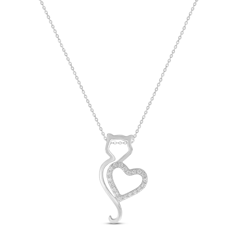 Main Image 1 of Diamond Heart Cat Necklace 1/10 ct tw Round-cut Sterling Silver 18&quot;
