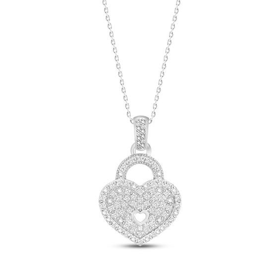 Diamond Heart Lock Necklace 1/8 ct tw Round-cut Sterling Silver 18"
