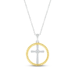 Diamond Cross Necklace 1/10 ct tw Round-cut Sterling Silver & 10K Yellow Gold 18"