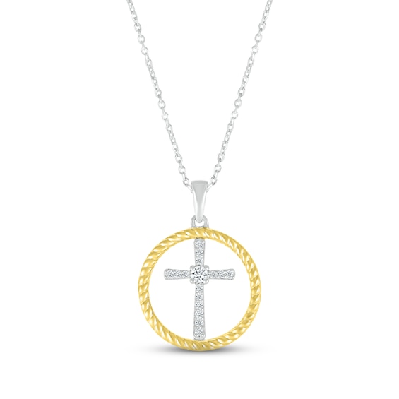 Diamond Cross Necklace 1/10 ct tw Round-cut Sterling Silver & 10K Yellow Gold 18"