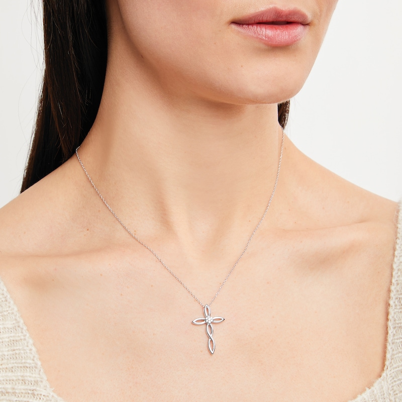 Main Image 3 of Diamond Twist Cross Necklace 1/20 ct tw Round-cut Sterling Silver 18&quot;