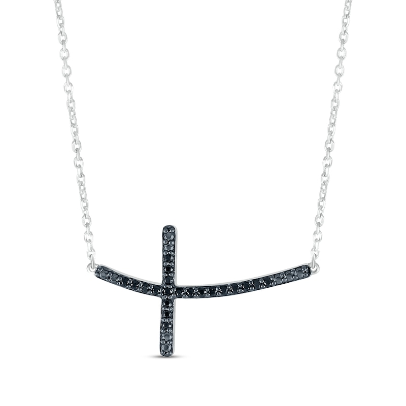 Main Image 1 of Black Diamond Sideways Cross Necklace 1/10 ct tw Round-cut Sterling Silver 18&quot;
