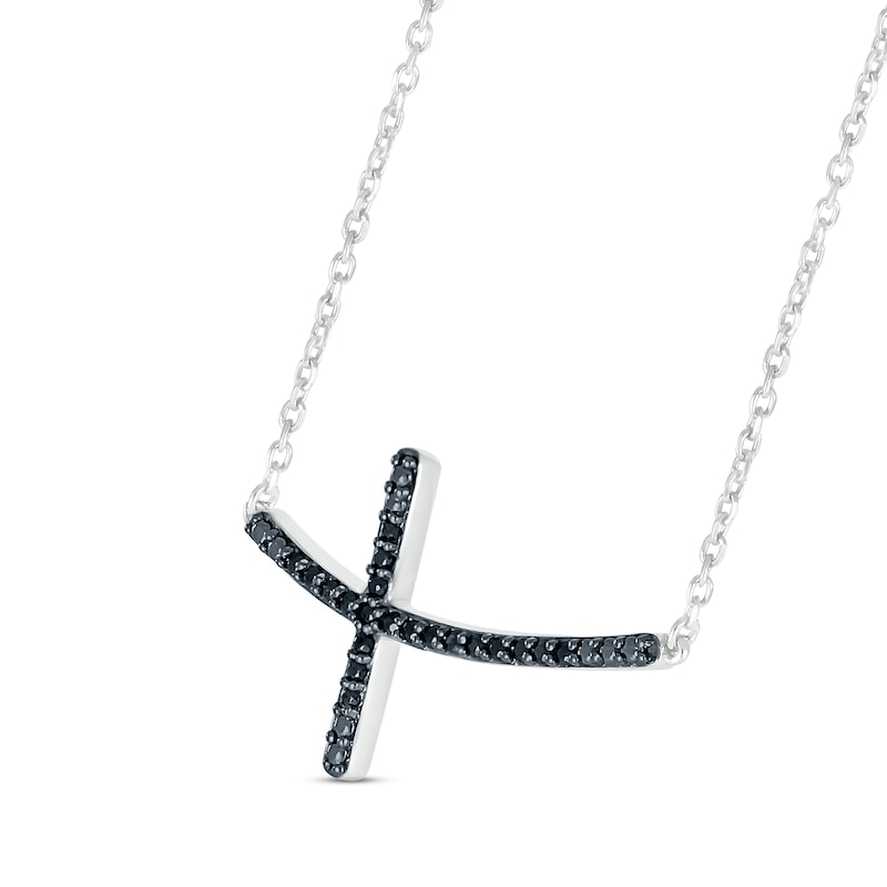 Main Image 2 of Black Diamond Sideways Cross Necklace 1/10 ct tw Round-cut Sterling Silver 18&quot;
