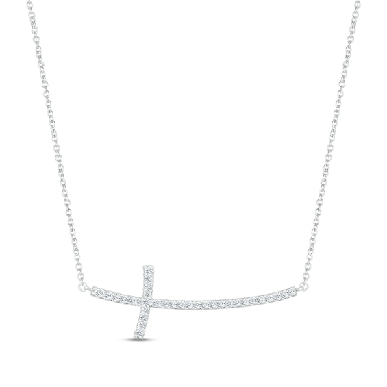 Diamond Sideways Curved Cross Necklace 1/8 ct tw Round-cut Sterling Silver 18"