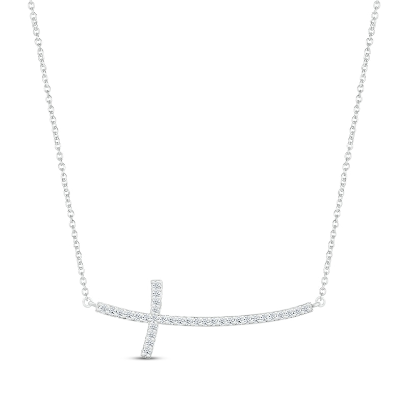 Main Image 1 of Diamond Sideways Curved Cross Necklace 1/8 ct tw Round-cut Sterling Silver 18&quot;