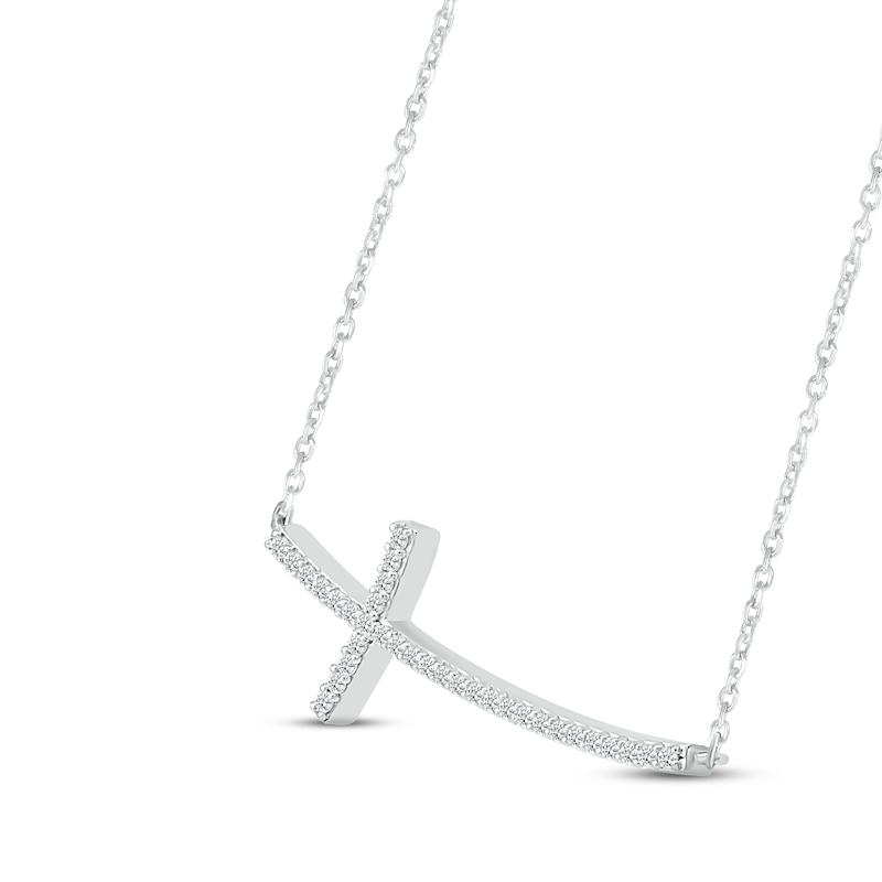Main Image 2 of Diamond Sideways Curved Cross Necklace 1/8 ct tw Round-cut Sterling Silver 18&quot;