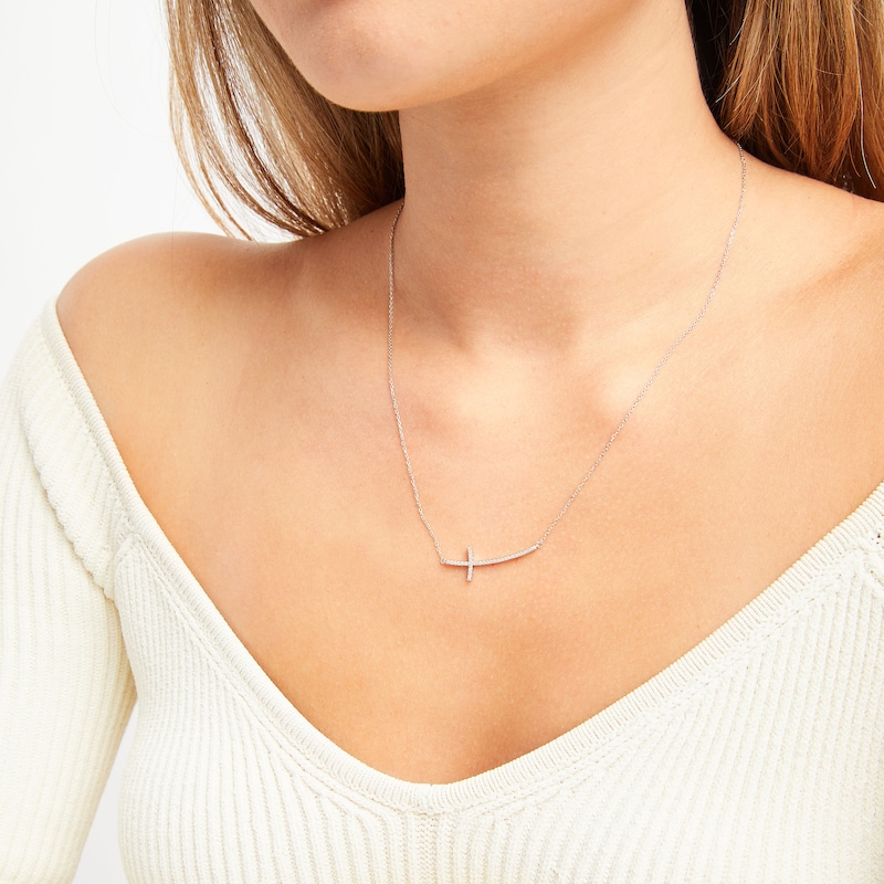 Main Image 3 of Diamond Sideways Curved Cross Necklace 1/8 ct tw Round-cut Sterling Silver 18&quot;