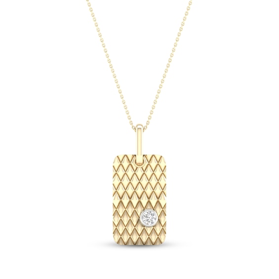 Diamond Solitaire Bezel Quilted Dog Tag Necklace 1/4 ct tw Round-cut 10K Yellow Gold 18"