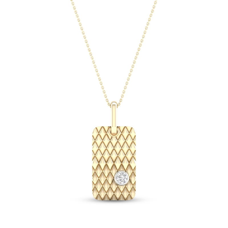 Main Image 1 of Diamond Solitaire Bezel Quilted Dog Tag Necklace 1/4 ct tw Round-cut 10K Yellow Gold 18&quot;