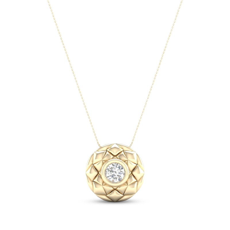 Main Image 1 of Diamond Solitaire Bezel Quilted Circle Necklace 1/4 ct tw Round-cut 10K Yellow Gold 18&quot;