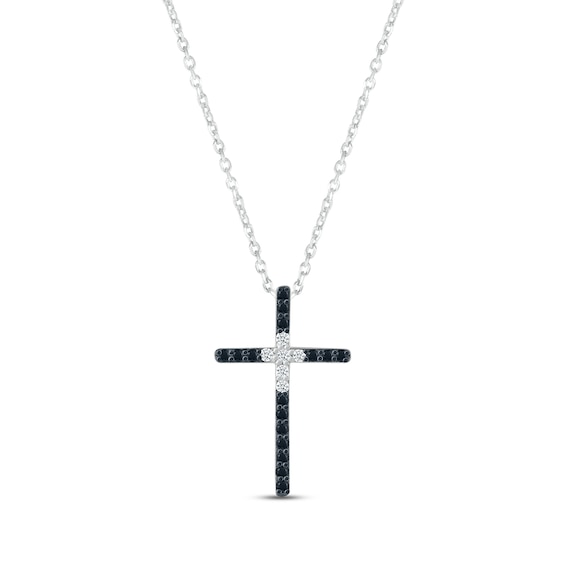 Black & White Diamond Cross Necklace 1/5 ct tw Round-cut Sterling Silver 18"