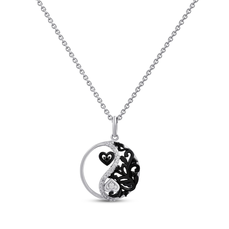 Main Image 1 of Black & White Yin-Yang Heart Necklace 1/10 ct tw Round-cut Sterling Silver 18&quot;