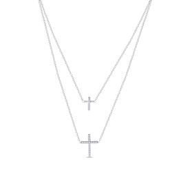 Diamond Layered Cross Necklace 1/6 ct tw Sterling Silver 18"