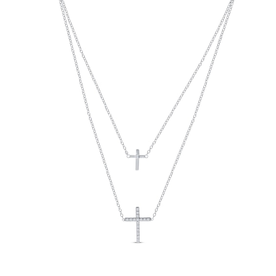 Diamond Layered Cross Necklace 1/6 ct tw Sterling Silver 18"