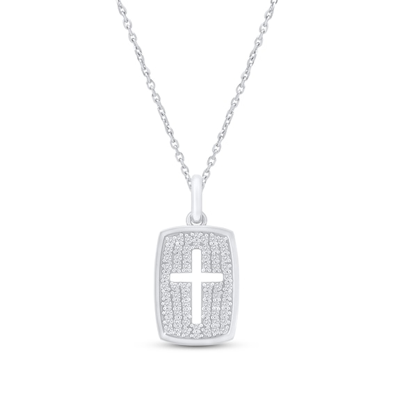 Diamond Cross Cutout Dog Tag Necklace 1/5 ct tw Sterling Silver 18"