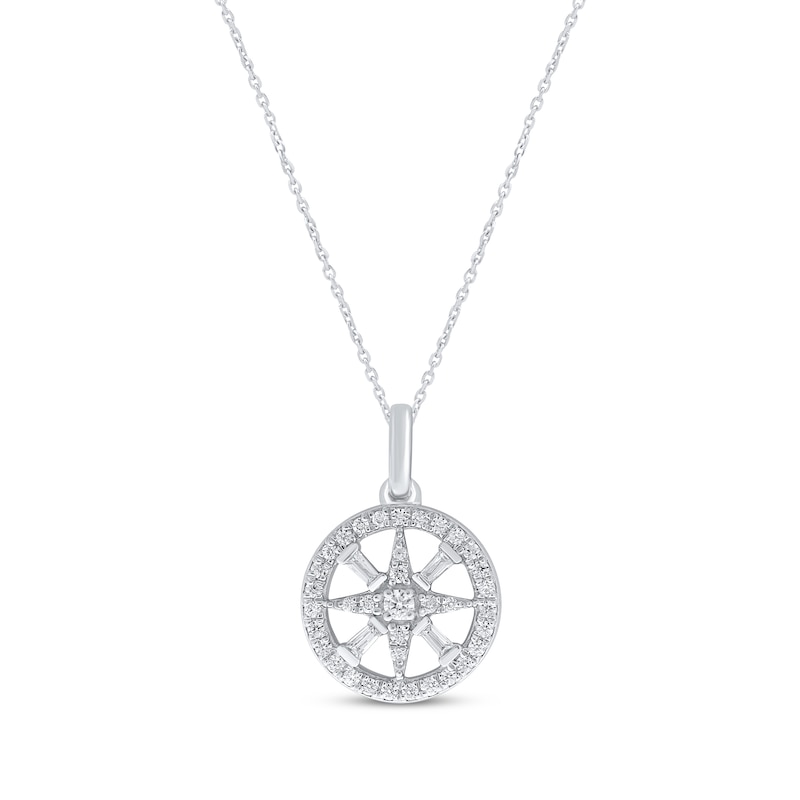 Main Image 1 of Baguette & Round-Cut Diamond Compass Necklace 1/5 ct tw 10K White Gold 18&quot;