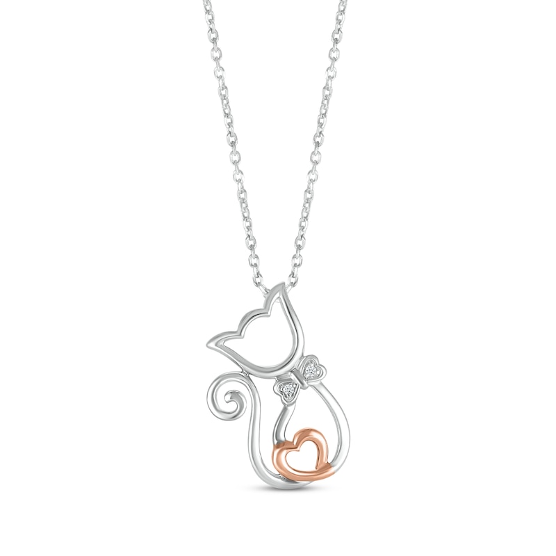 Diamond Cat with Bowtie & Heart Necklace Sterling Silver & 10K Rose Gold 18"