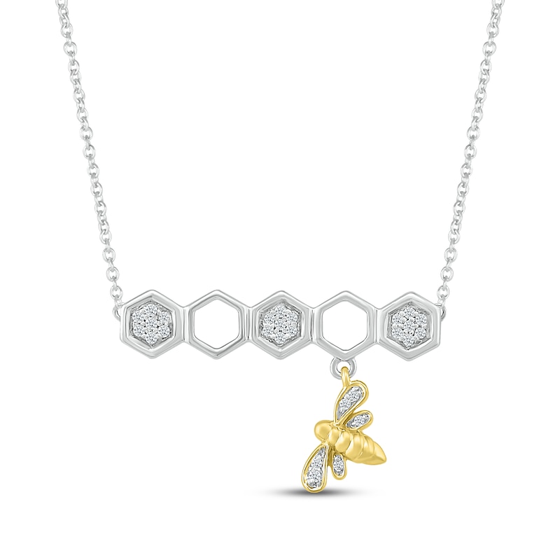 Diamond Bee & Honeycomb Necklace 1/10 ct tw Sterling Silver & 10K Yellow Gold 18"