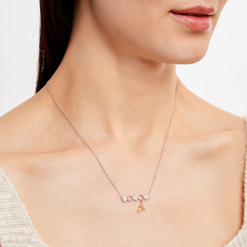 Main Image 2 of Diamond Bee & Honeycomb Necklace 1/10 ct tw Sterling Silver & 10K Yellow Gold 18&quot;