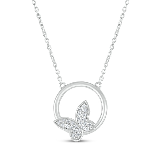 Diamond Butterfly Circle Necklace 1/10 ct tw Sterling Silver 18"