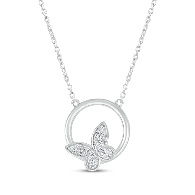 Main Image 1 of Diamond Butterfly Circle Necklace 1/10 ct tw Sterling Silver 18&quot;