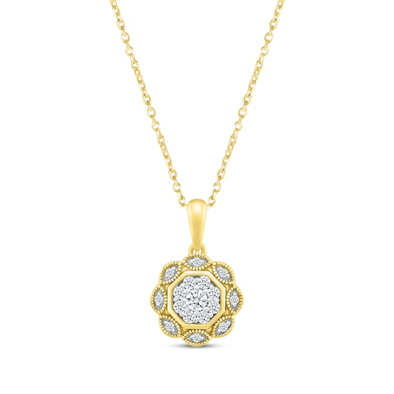 Diamond Milgrain Flower Necklace 1/4 ct tw 10K Yellow Gold 18"