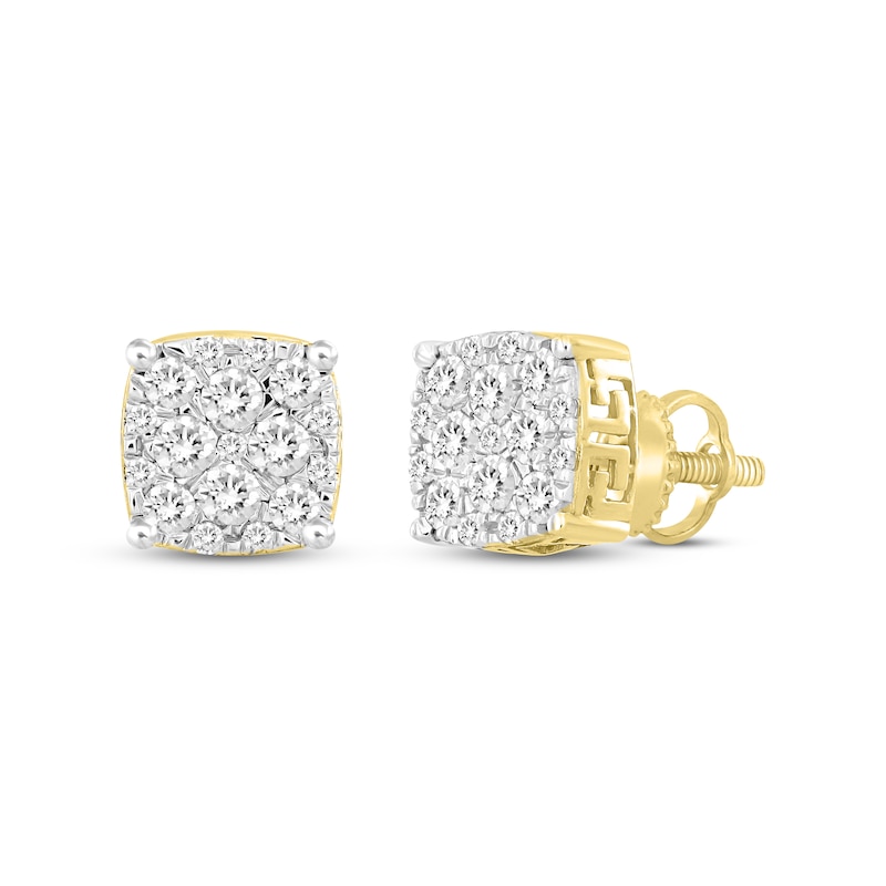 Main Image 1 of Men's Multi-Diamond Greek Key Stud Earrings 1 ct tw 10K Yellow Gold