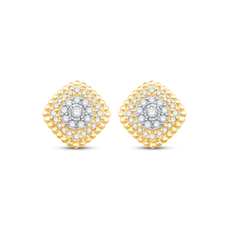 Diamond Cushion Beaded Frame Stud Earrings 1/3 ct tw 10K Two-Tone Gold