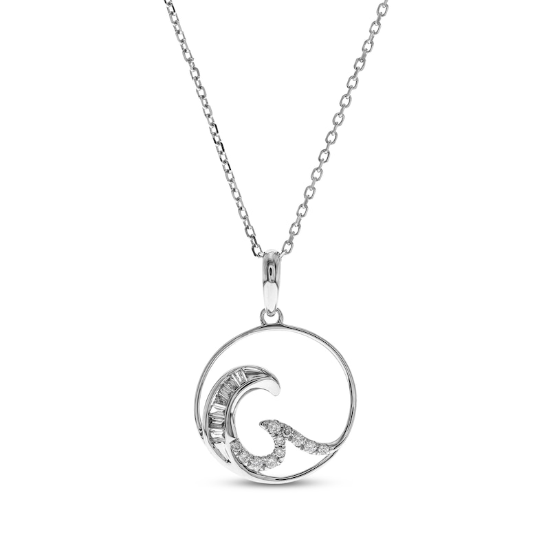 Main Image 1 of Baguette & Round-Cut Diamond Wave Circle Necklace 1/8 ct tw 10K White Gold 18&quot;