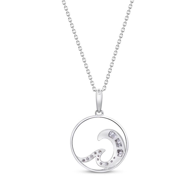 Baguette & Round-Cut Diamond Wave Circle Necklace 1/8 ct tw 10K White Gold 18"