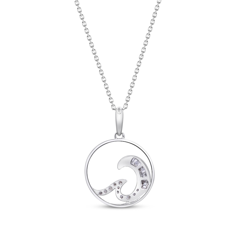 Main Image 2 of Baguette & Round-Cut Diamond Wave Circle Necklace 1/8 ct tw 10K White Gold 18&quot;