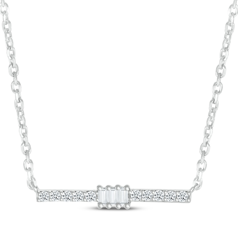 Main Image 1 of Baguette & Round-Cut Diamond Bar Necklace 1/8 ct tw Sterling Silver 18”