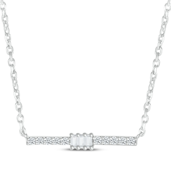 Baguette & Round-Cut Diamond Bar Necklace 1/8 ct tw 10K White Gold 18”