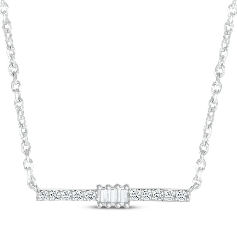 Main Image 1 of Baguette & Round-Cut Diamond Bar Necklace 1/8 ct tw 10K White Gold 18”