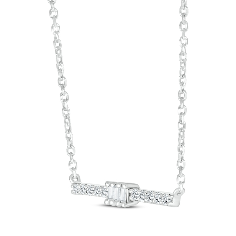 Main Image 2 of Baguette & Round-Cut Diamond Bar Necklace 1/8 ct tw 10K White Gold 18”