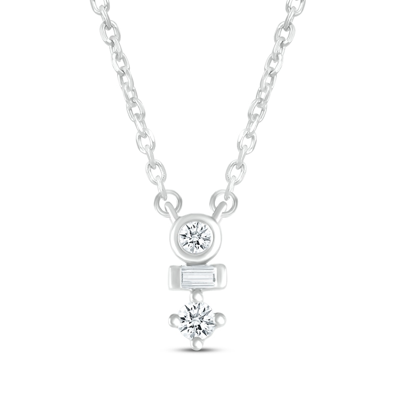Baguette & Round-Cut Diamond Drop Necklace 1/15 ct tw Sterling Silver 18”