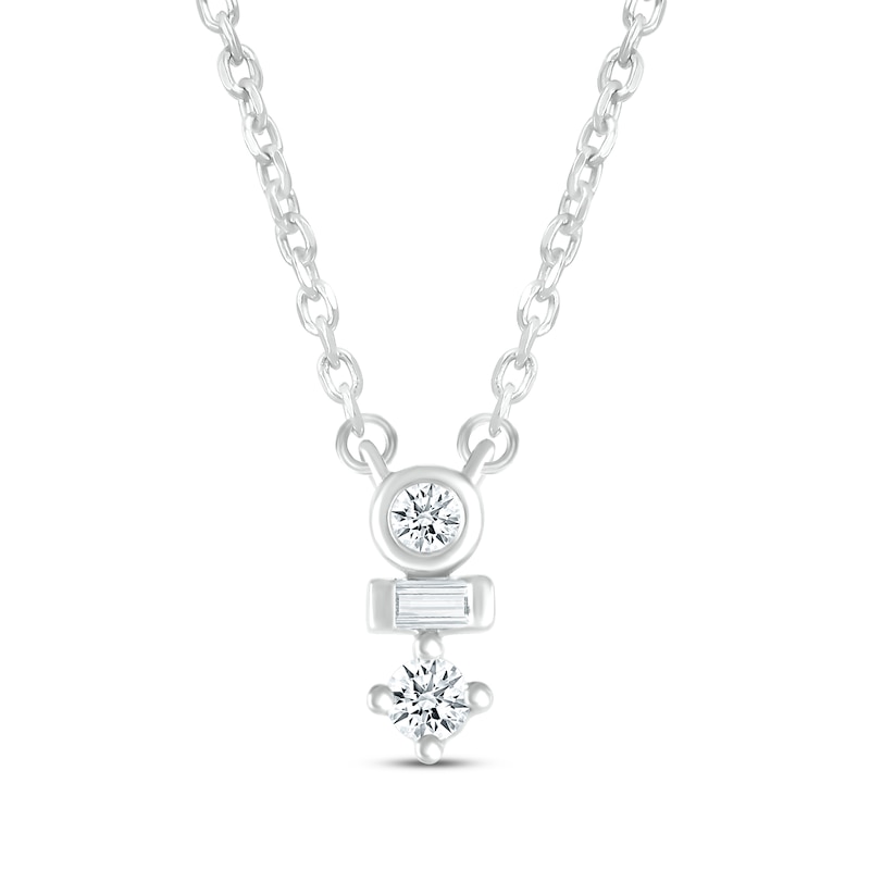 Main Image 1 of Baguette & Round-Cut Diamond Drop Necklace 1/15 ct tw Sterling Silver 18”
