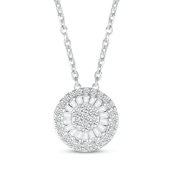 Baguette & Round-Cut Diamond Sunburst Drop Necklace 1/4 ct tw Sterling Silver 18”