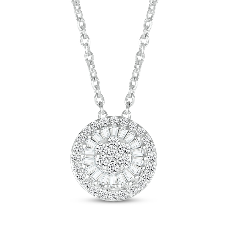 Baguette & Round-Cut Diamond Sunburst Drop Necklace 1/4 ct tw Sterling Silver 18”