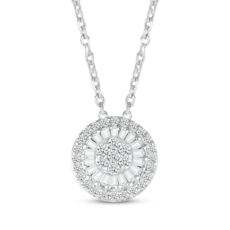 Main Image 1 of Baguette & Round-Cut Diamond Sunburst Drop Necklace 1/4 ct tw Sterling Silver 18”
