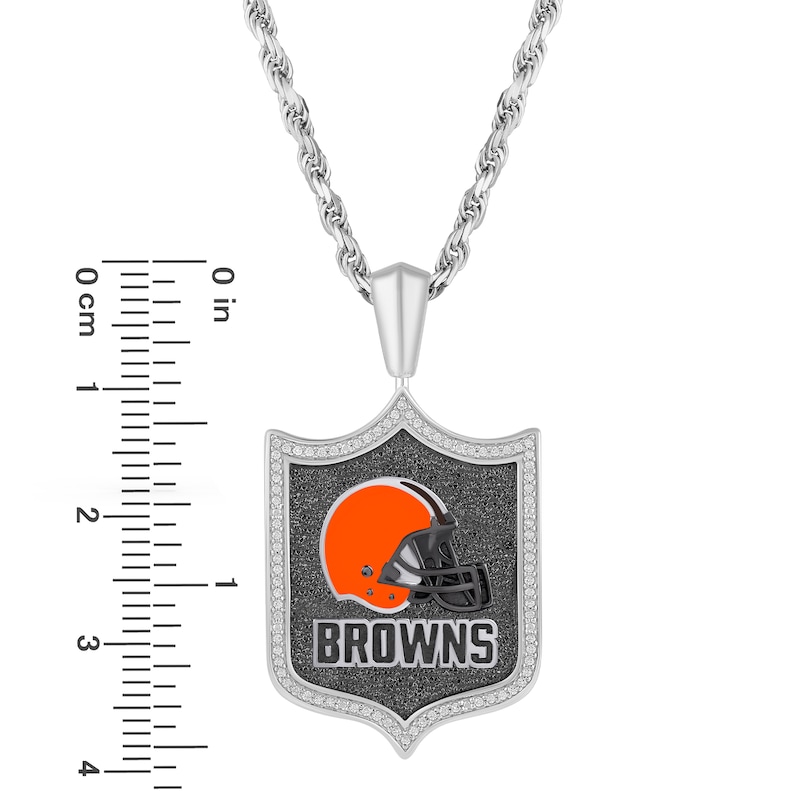 Main Image 3 of True Fans Cleveland Browns 1/5 CT. T.W. Diamond and Enamel Reversible Shield Necklace in Sterling Silver
