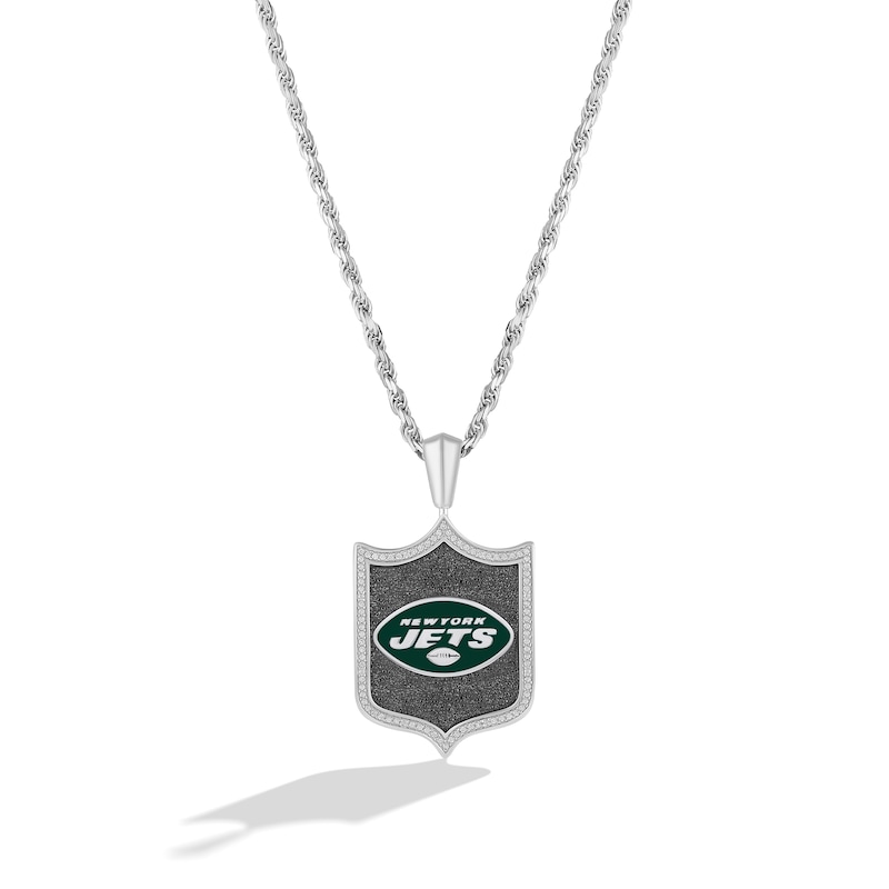 Main Image 1 of True Fans New York Jets 1/5 CT. T.W. Diamond and Enamel Reversible Shield Necklace in Sterling Silver