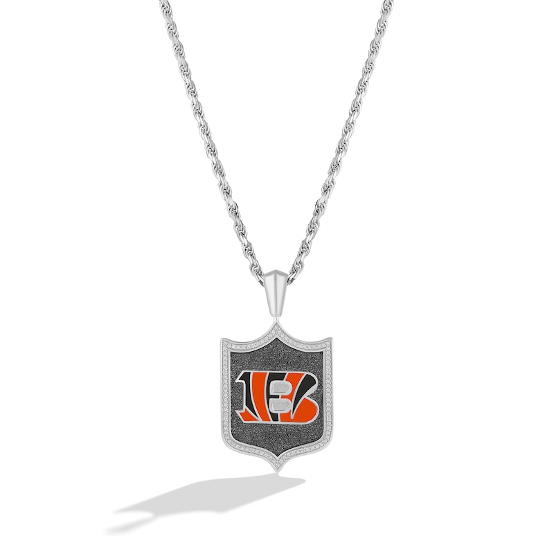 Main Image 1 of True Fans Cincinnati Bengals 1/5 CT. T.W. Diamond and Enamel Reversible Shield Necklace in Sterling Silver