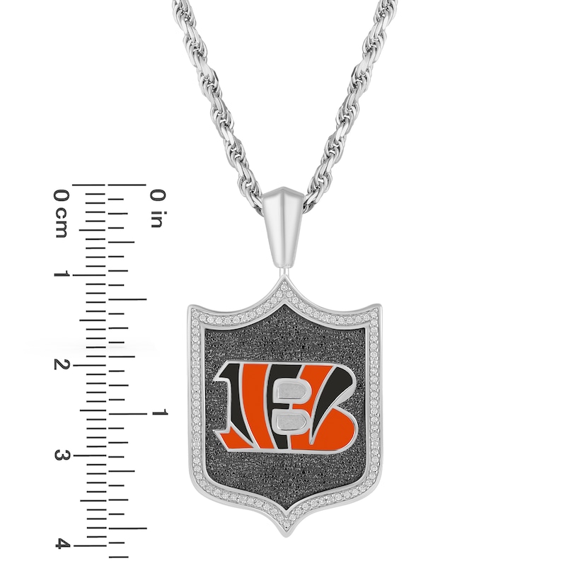 Main Image 3 of True Fans Cincinnati Bengals 1/5 CT. T.W. Diamond and Enamel Reversible Shield Necklace in Sterling Silver